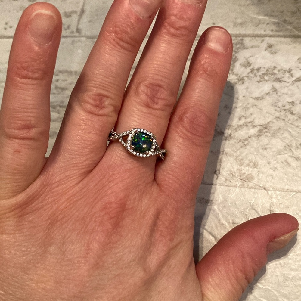 Square Lab Created Midnight Fire Opal & Faux Diamond Ring Silver Tone Band
